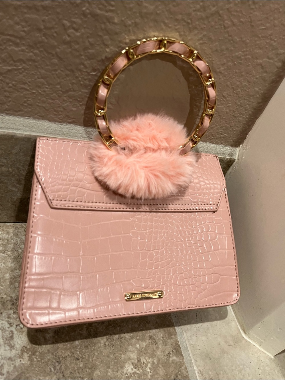 Blush Pink Faux Croc Mini Top-Handle Bag with Fur Accent